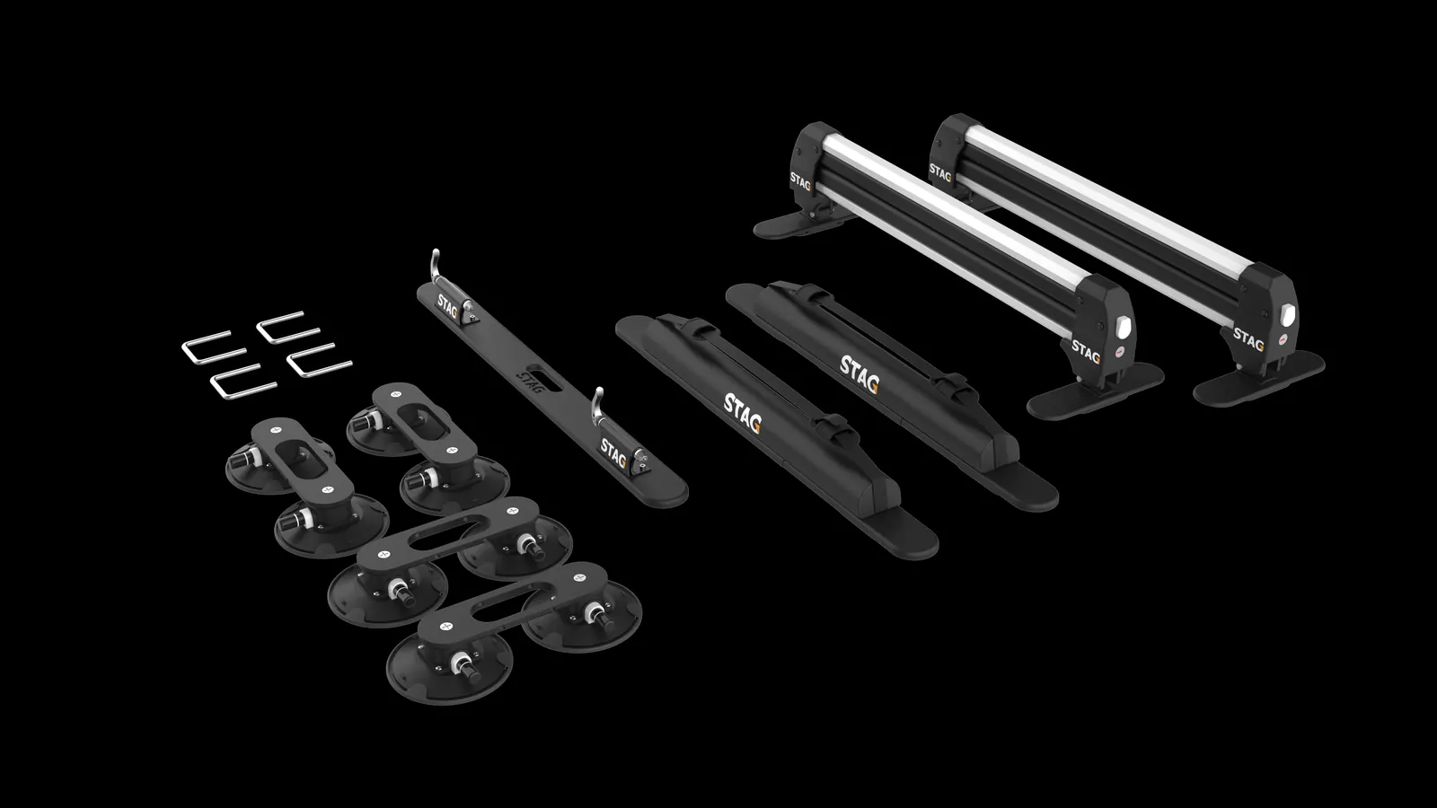 Every STAG Rack part laid out: eight vacuum cups, U-bolts, ski and surf bars and the base unit